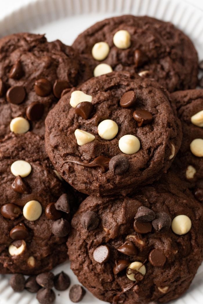 Top down view of a platter of Inside Out Chocolate Chip Cookies